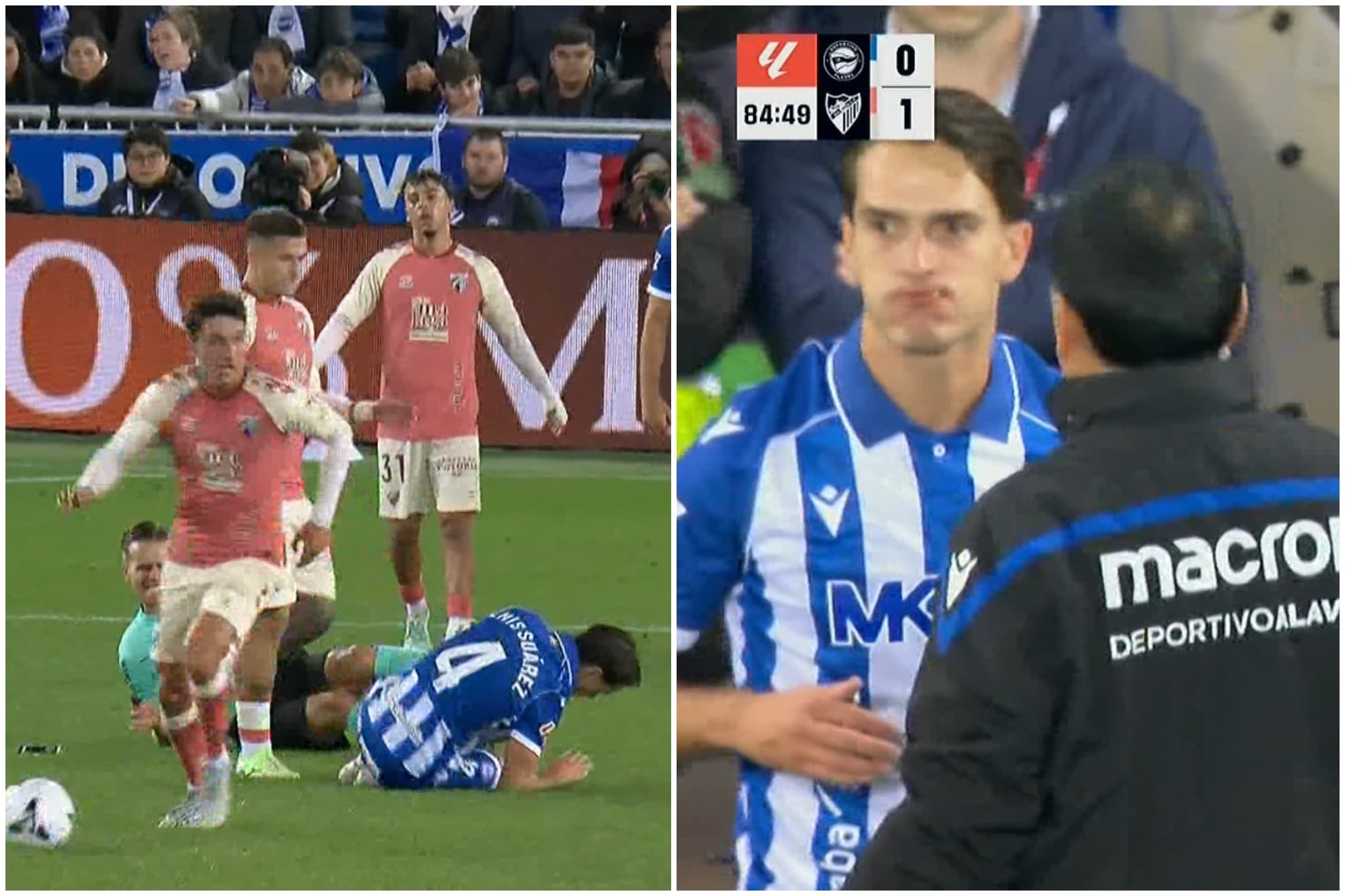 Denis Suárez tiene que ser atendido por un corte en la boca tras chocar con el árbitro